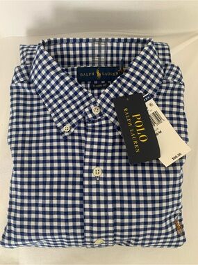 Polo by Ralph Lauren Blue and White Gingham Button-Down Shirt, Medium. NWT